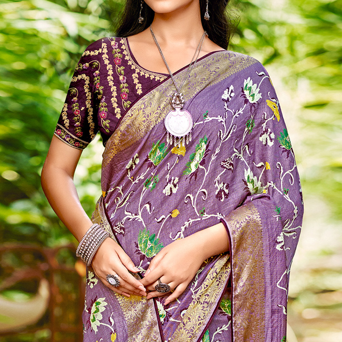 Lavender Floral Woven Dola Silk Saree With Tassels