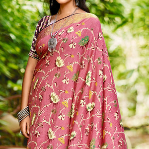 Dusty Pink Floral Woven Dola Silk Saree With Tassels