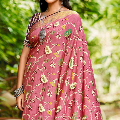 Dusty Pink Floral Woven Dola Silk Saree With Tassels
