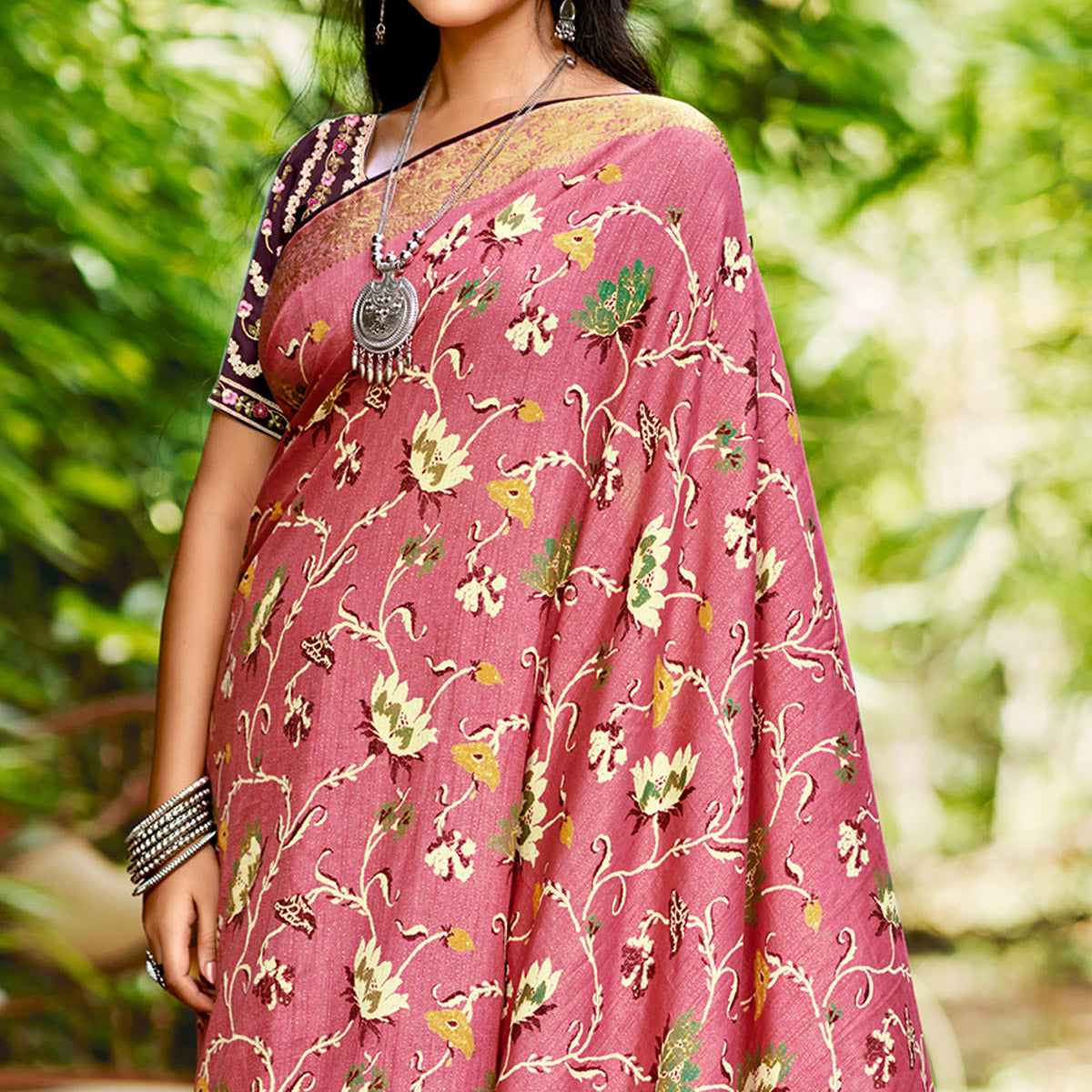 Dusty Pink Floral Woven Dola Silk Saree With Tassels