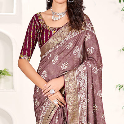 Mauve Floral Printed Dola Silk Saree