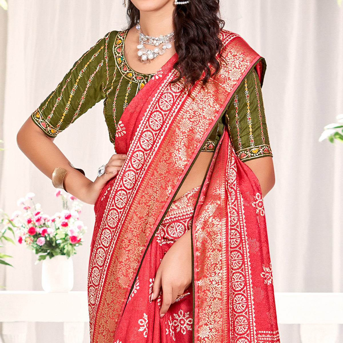 Gajri Pink Floral Printed Dola Silk Saree