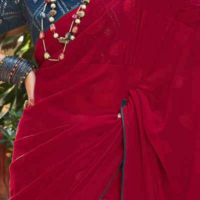 Cherry Red Woven Georgette Saree With Tassels