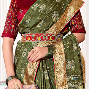 Mehendi Green Floral Printed Muslin Saree With Woven Border