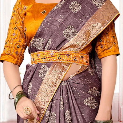 Light Mauve Floral Printed Muslin Saree With Woven Border