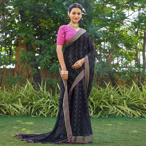 Dark Navy Blue Printed Chiffon Saree