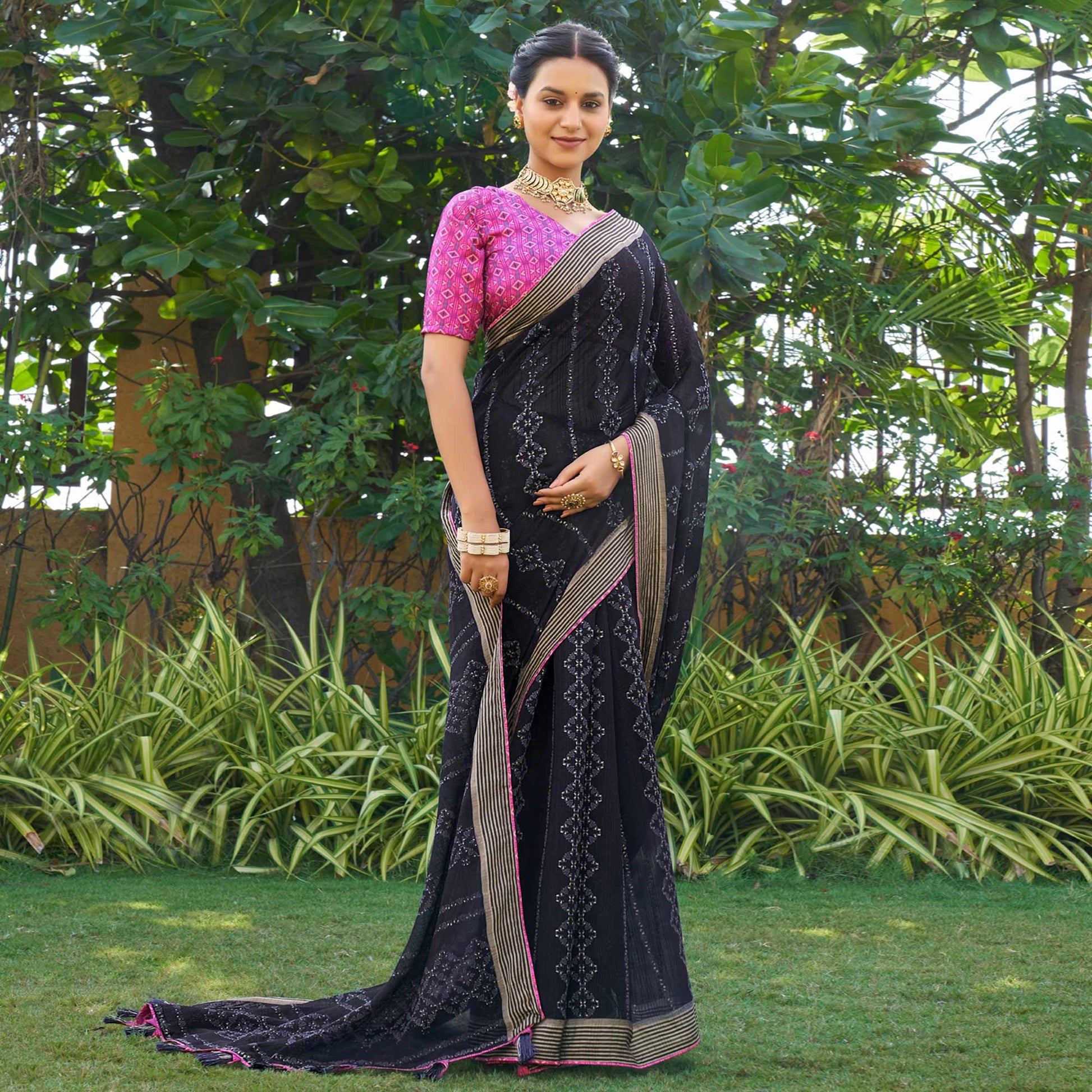 Dark Navy Blue Printed Chiffon Saree