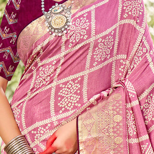 Light Pink Bandhani Printed Dola Silk Saree With Jacquard Border
