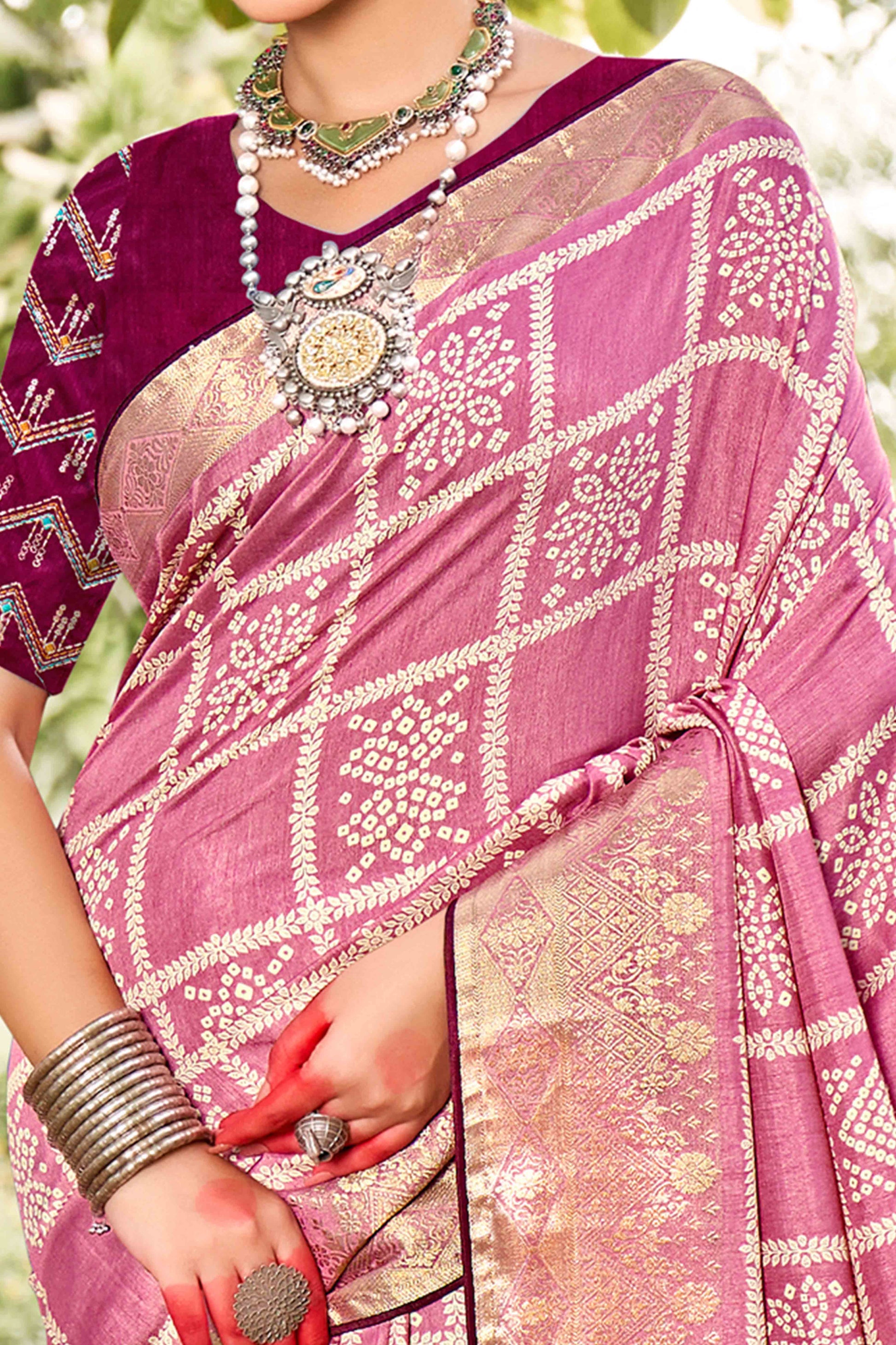 Light Pink Bandhani Printed Dola Silk Saree With Jacquard Border