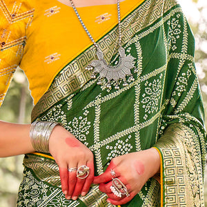 green-bandhani-printed-dola-silk-saree-with-jacquard-border