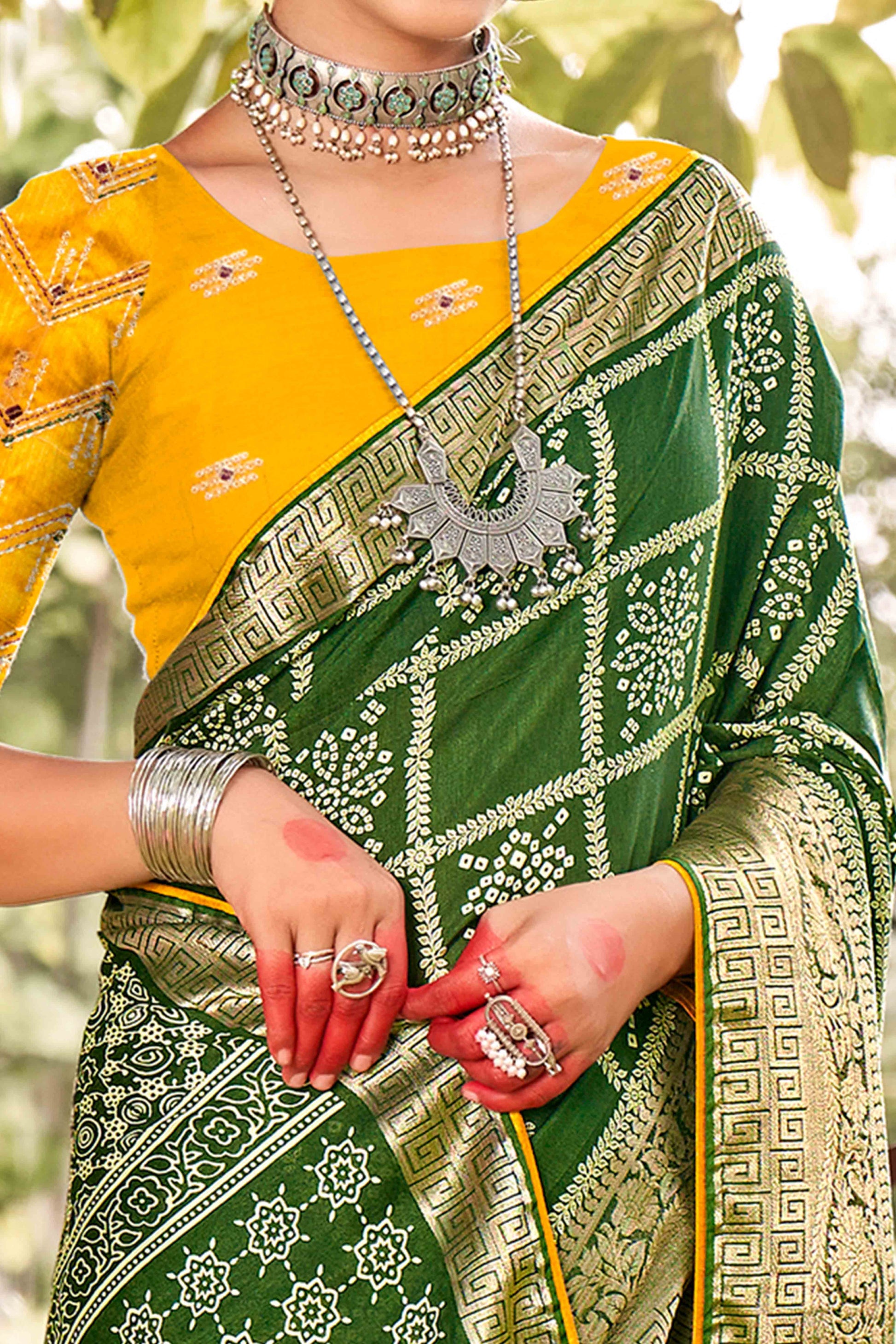green-bandhani-printed-dola-silk-saree-with-jacquard-border