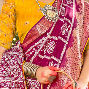 Magenta Bandhani Printed Dola Silk Saree With Jacquard Border