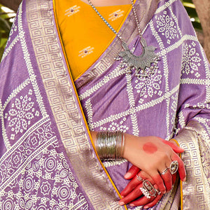 Lavender Bandhani Printed Dola Silk Saree With Jacquard Border