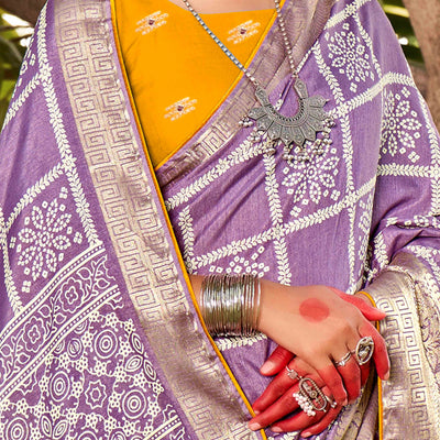 Lavender Bandhani Printed Dola Silk Saree With Jacquard Border