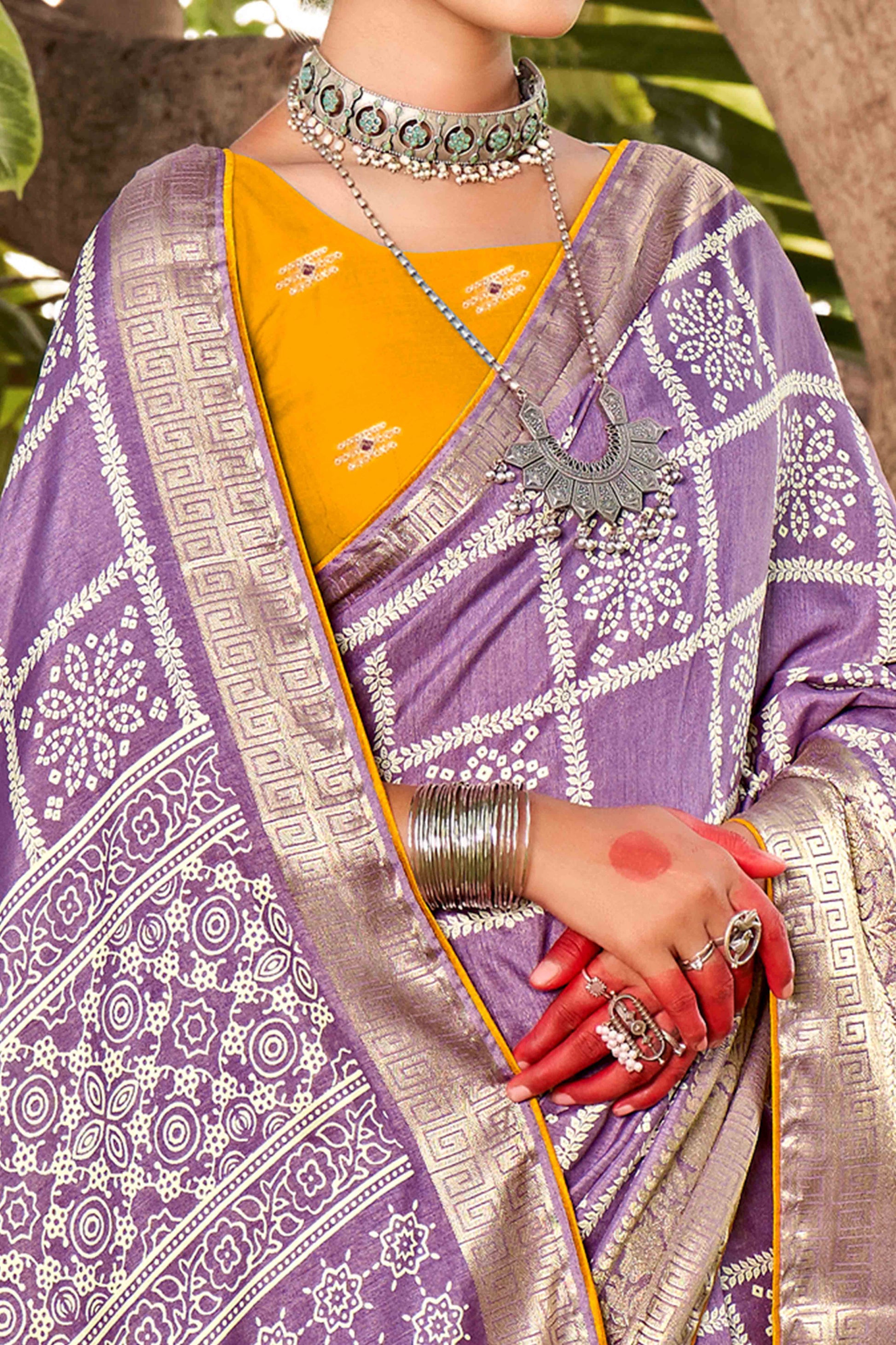 Lavender Bandhani Printed Dola Silk Saree With Jacquard Border