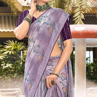 Dusty Violet Printed Georgette Saree With Swarovski Work