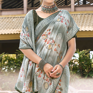 Grey Printed Georgette Saree With Swarovski Work