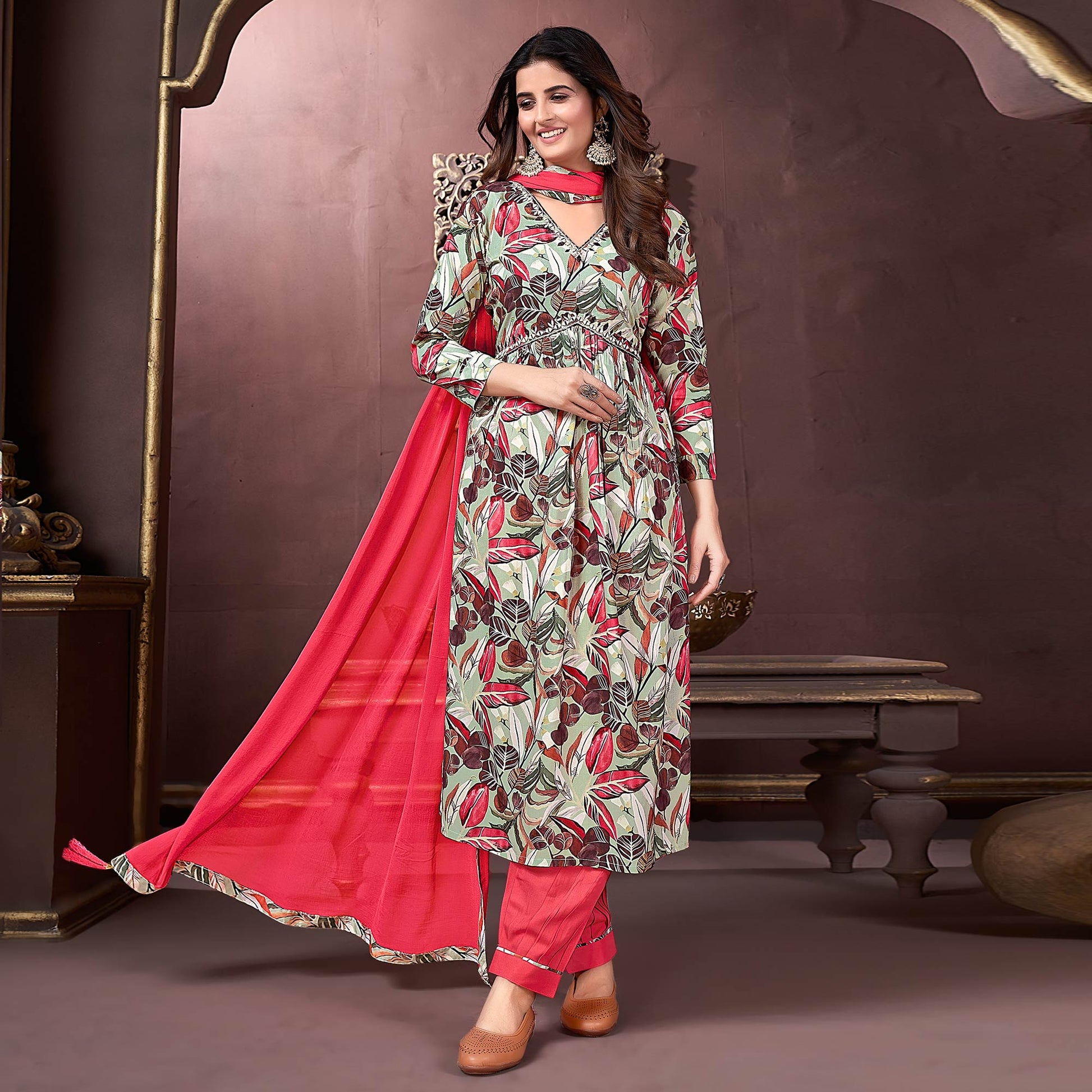 Dusty Green Floral Printed Rayon Alia Cut Salwar Suit