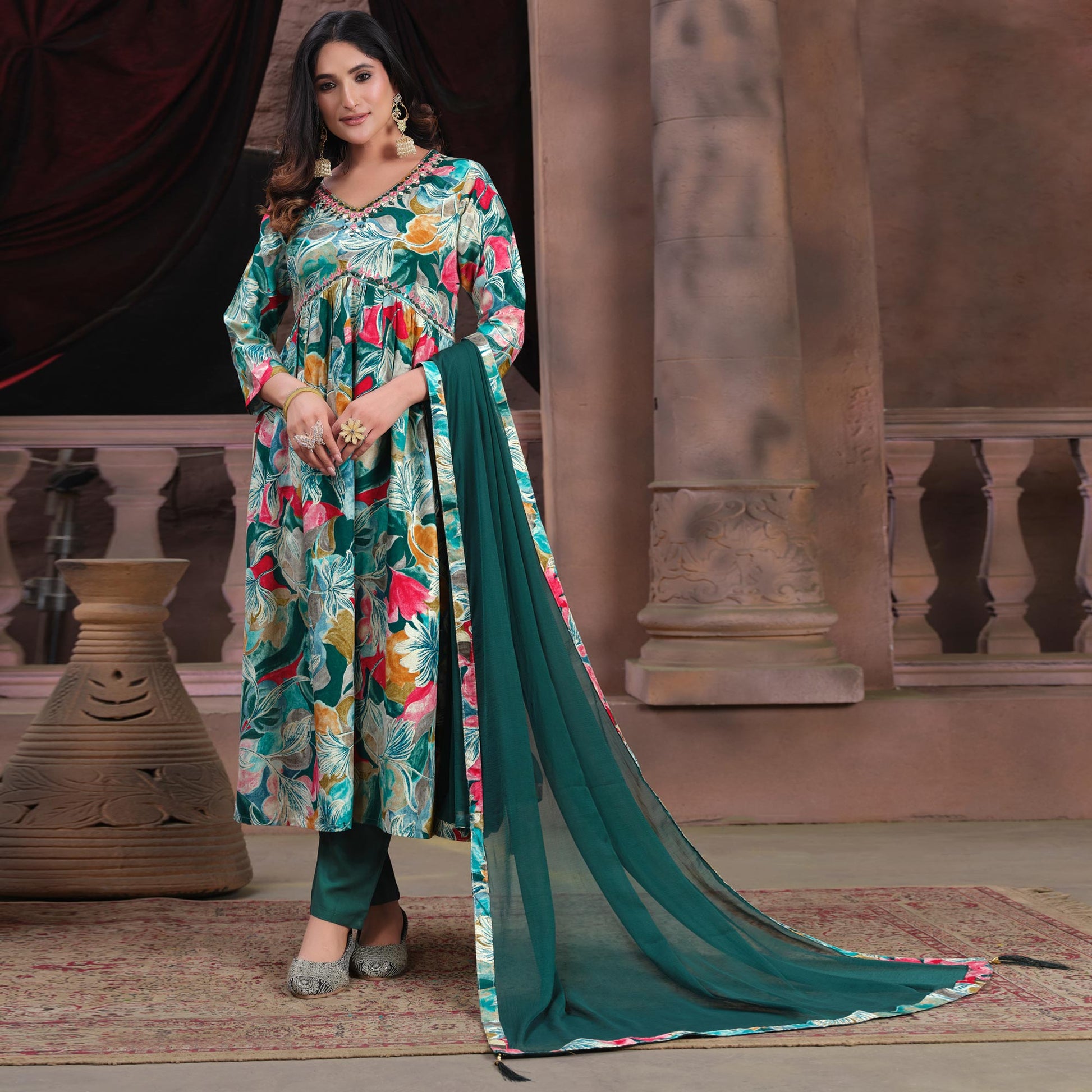 green-floral-printed-rayon-alia-cut-salwar-suit