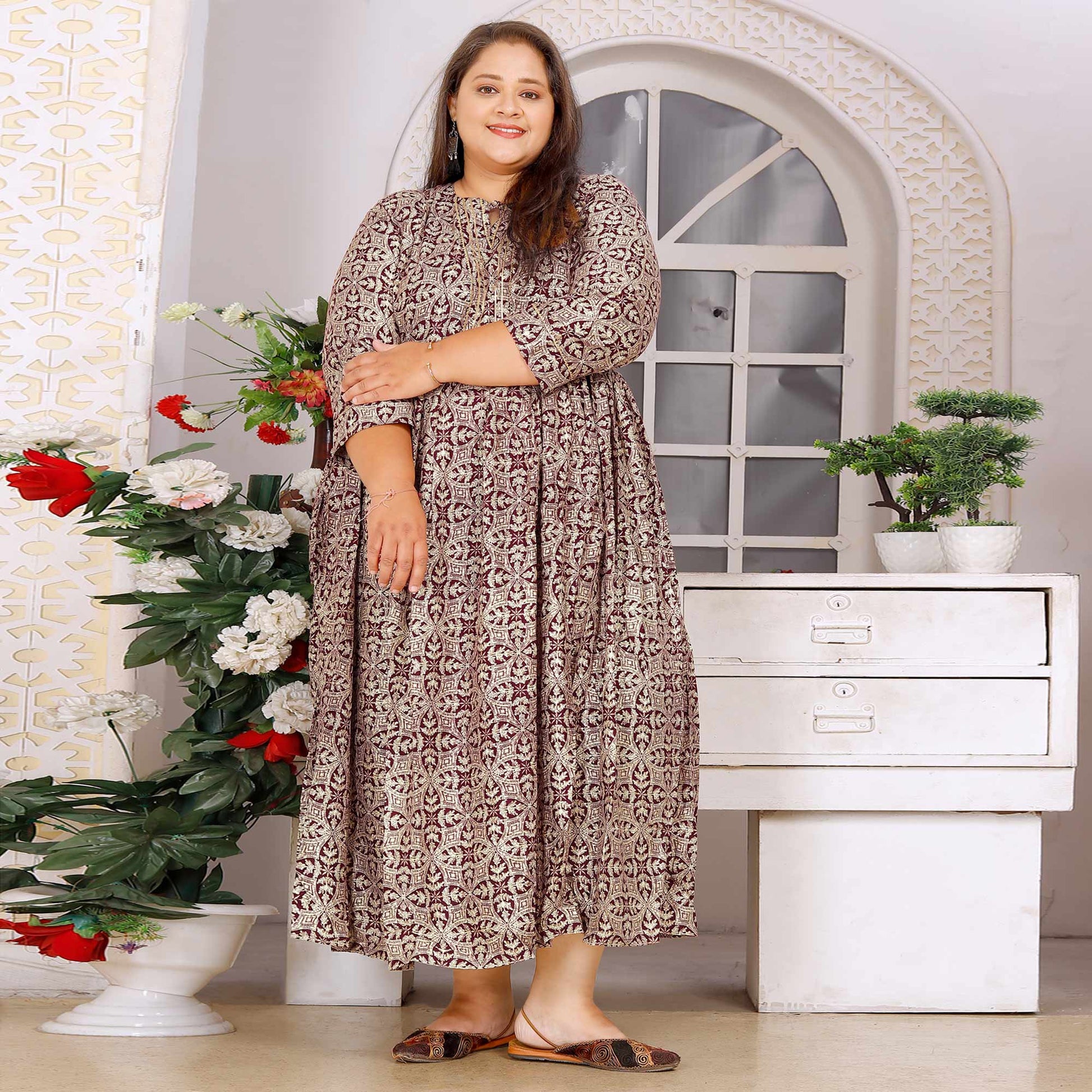 Maroon Floral Printed Rayon Long Kurti