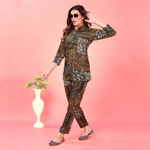 Brown Floral Printed Rayon Co Ord Set