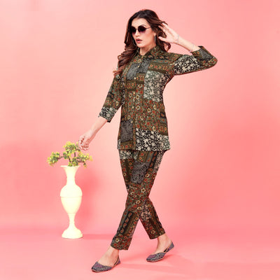 Brown Floral Printed Rayon Co Ord Set