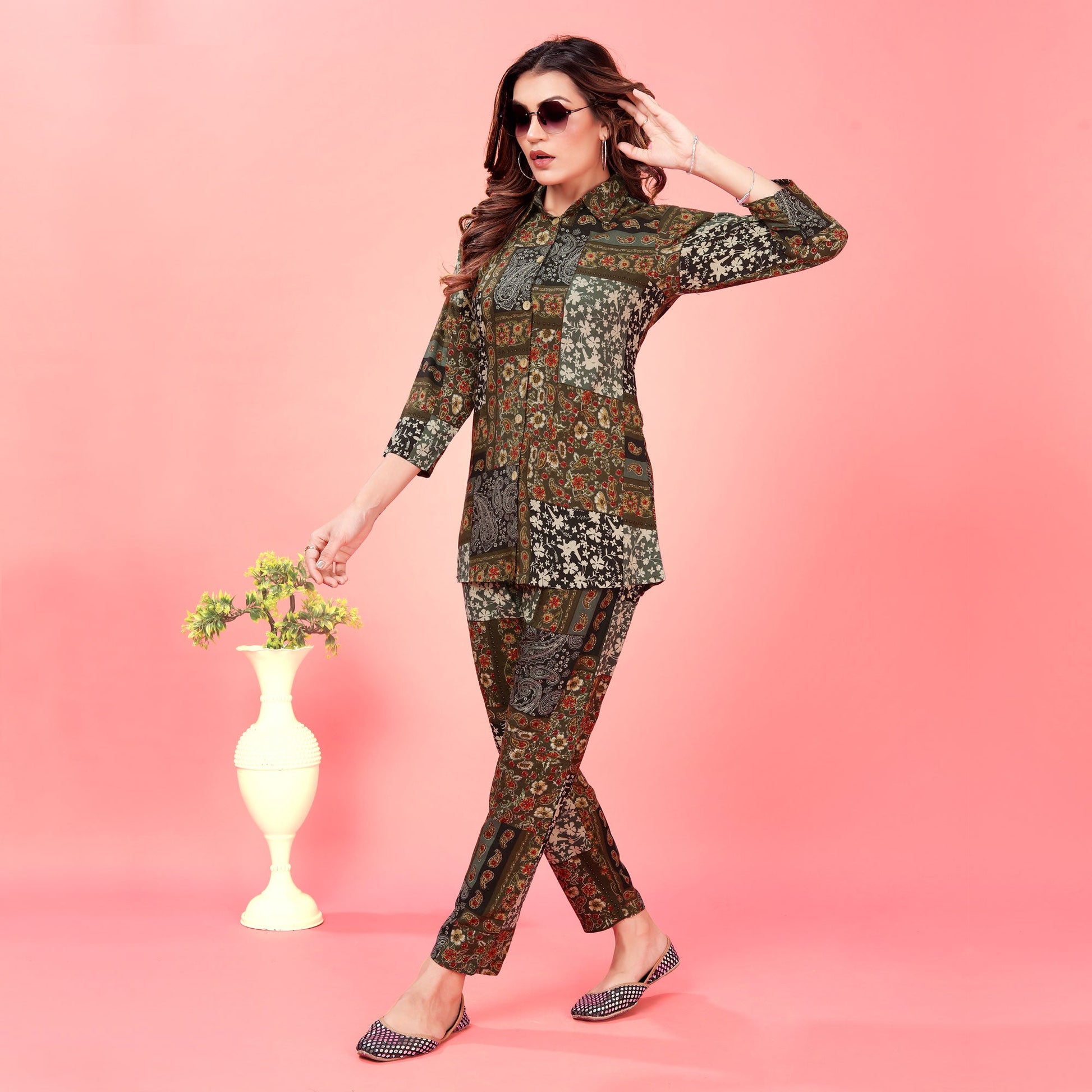 Brown Floral Printed Rayon Co Ord Set