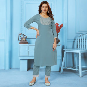 Grey Sequins Embroidered Cotton Blend Kurti Pant Set
