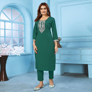 green-sequins-embroidered-cotton-blend-kurti-pant-set