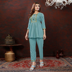 Dusty Turquoise Embroidered Cotton Blend Co Ord Set