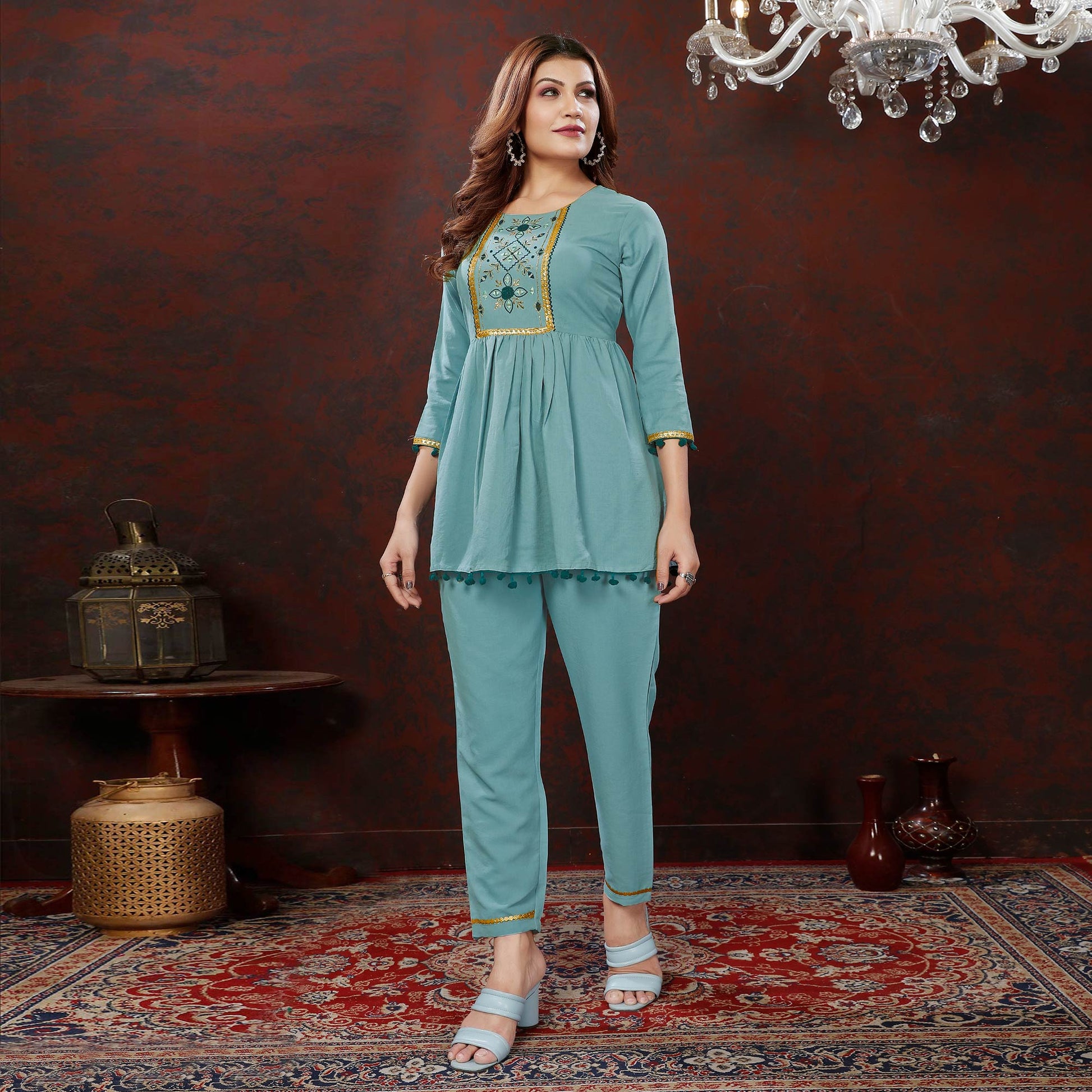 Dusty Turquoise Embroidered Cotton Blend Co Ord Set