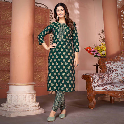 green-foil-printed-viscose-straight-kurti-sets