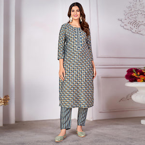 Morpich Blue Foil Printed Viscose Straight Kurti Sets