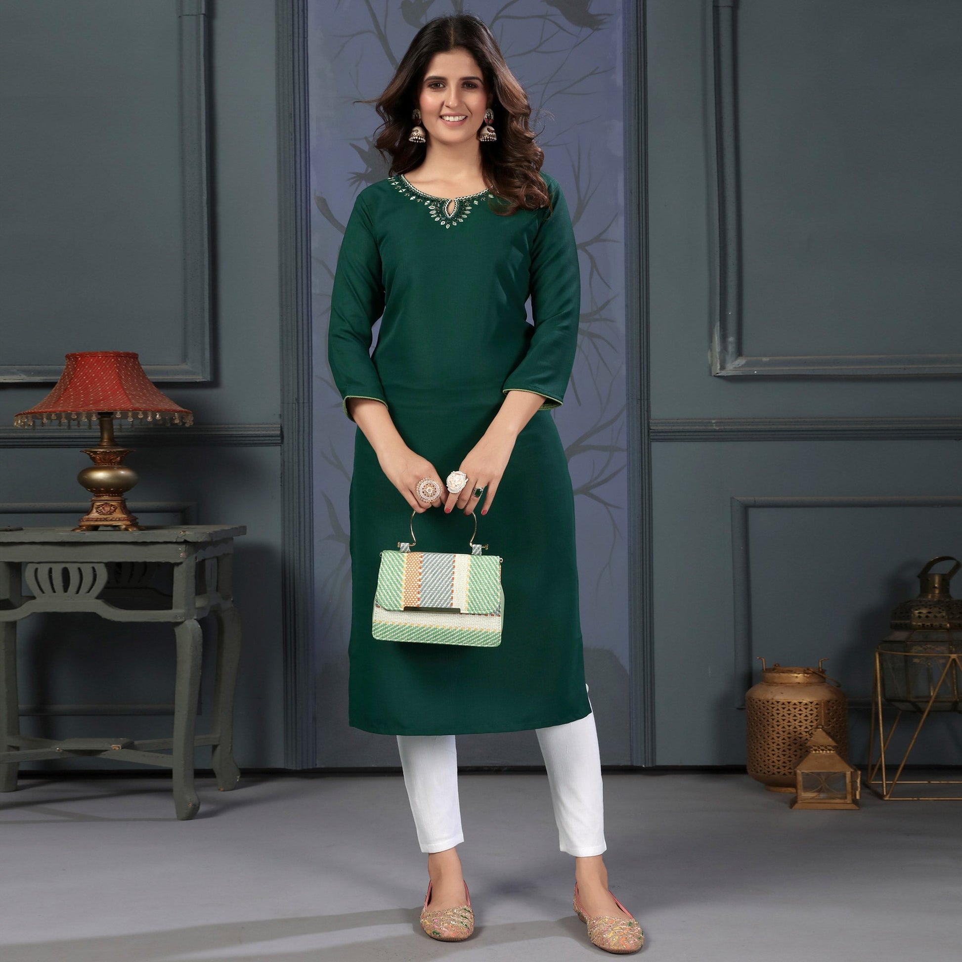 green-solid-with-mirror-embroidered-cotton-blend-kurti