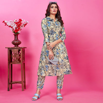 Cream Floral Foil Printed Rayon Co-Ord Set
