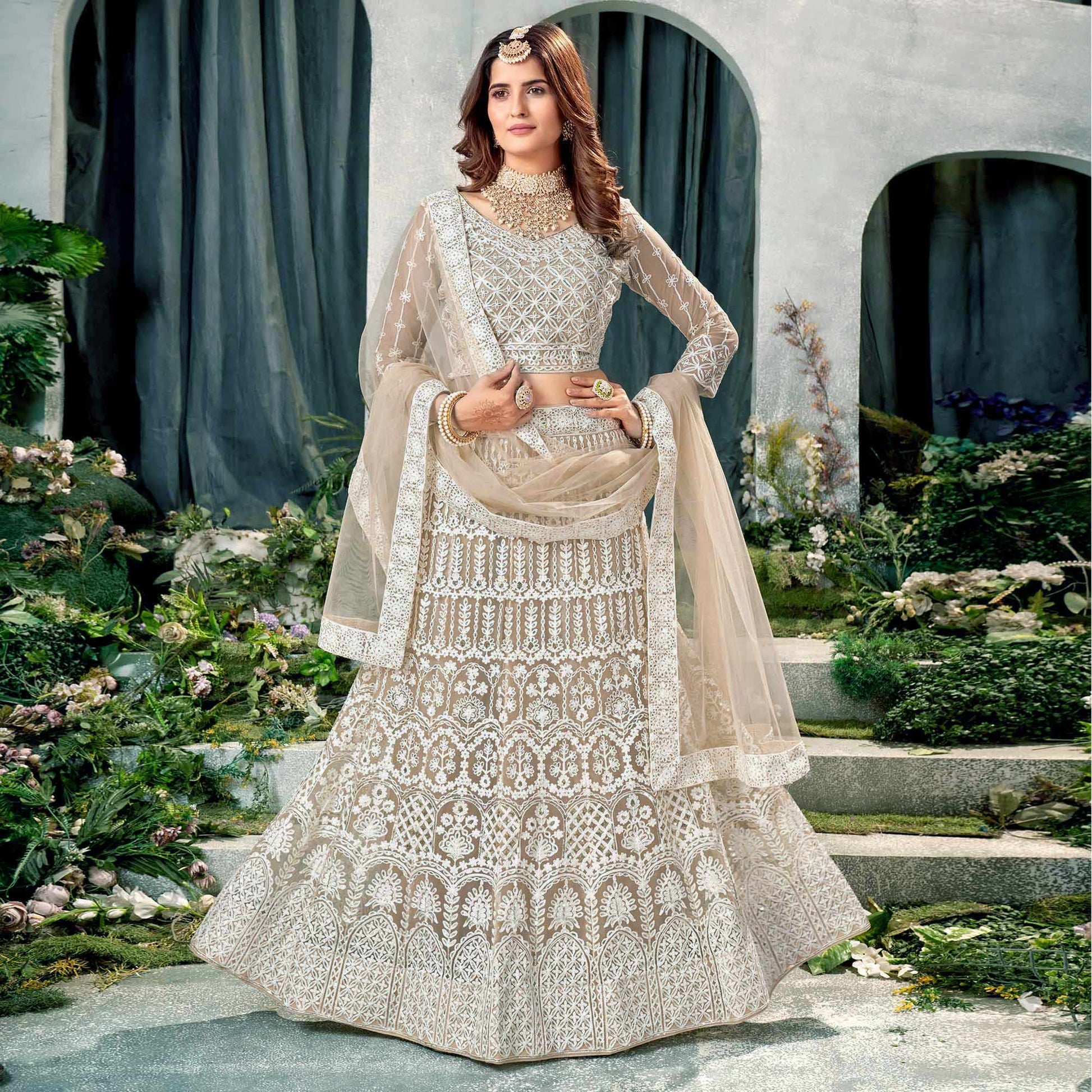 Brown Floral Sequins Embroidered Net Lehenga Choli