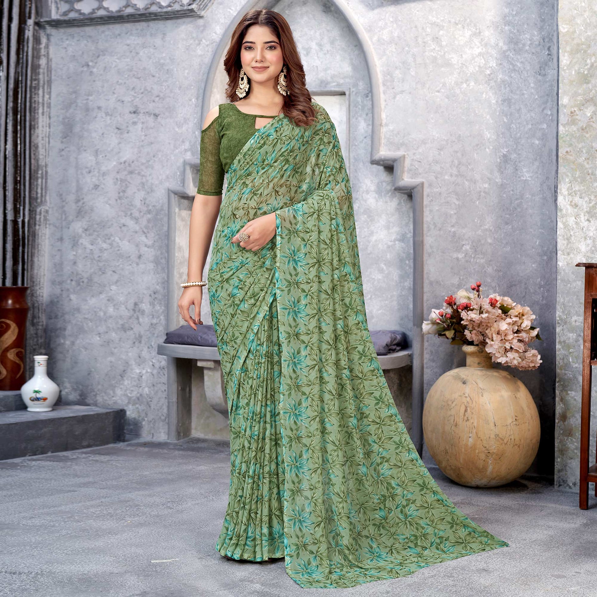 green-floral-printed-georgette-saree-16