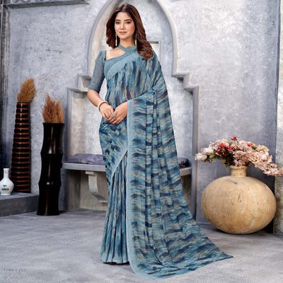 Grey Printed Georgette Saree
