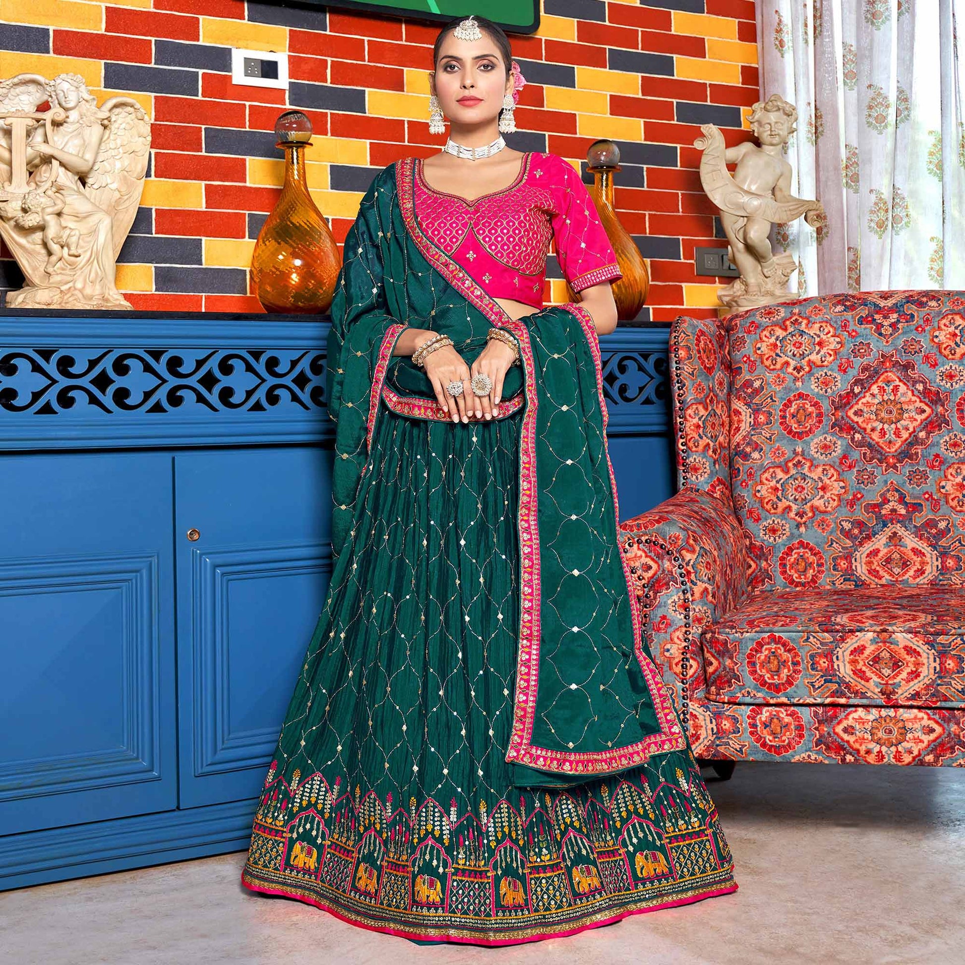 Deep Sea Green Sequins Embroidered Chiffon Lehenga Choli