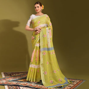 green-floral-digital-printed-linen-saree-with-tassels-1
