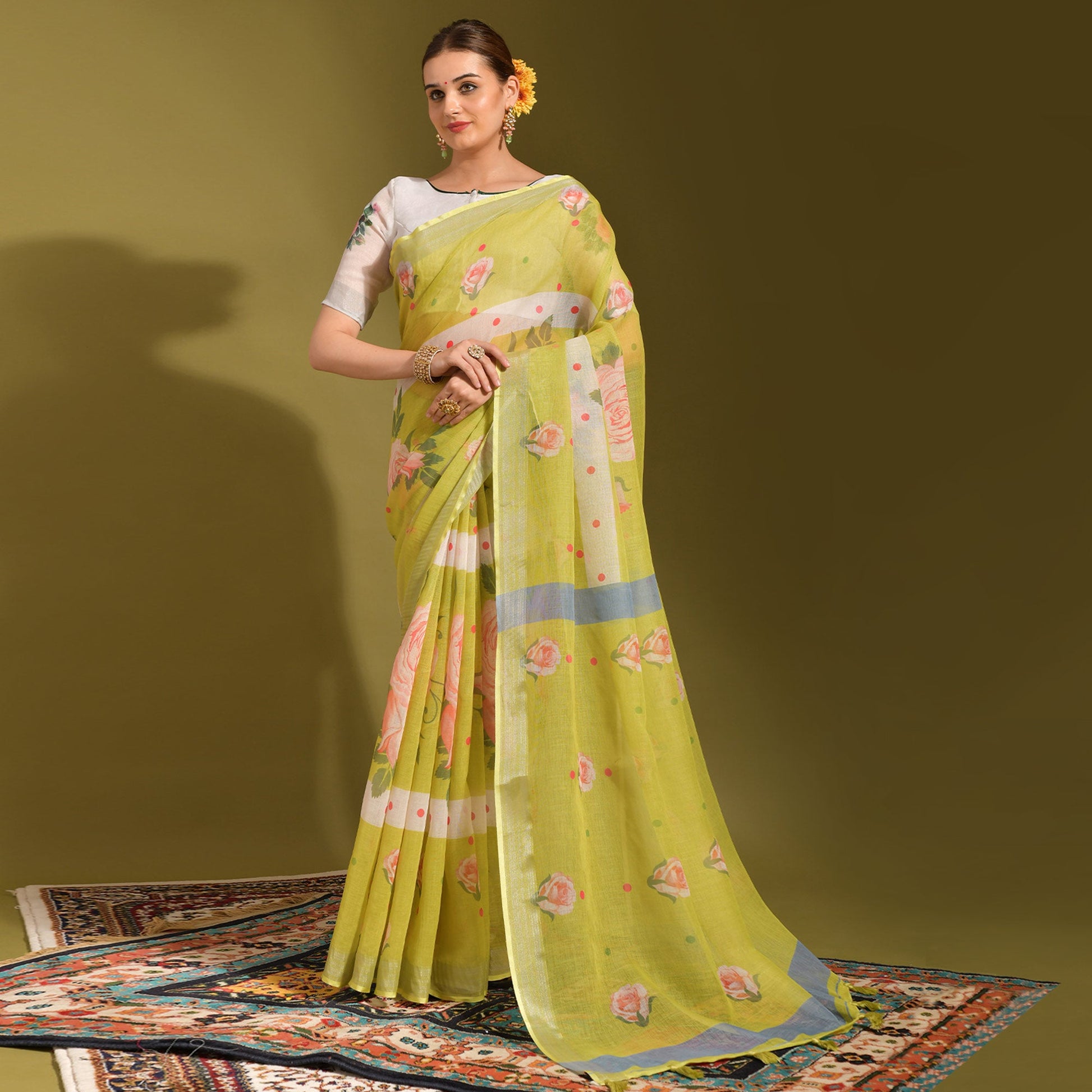 green-floral-digital-printed-linen-saree-with-tassels-1