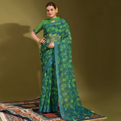green-digital-printed-linen-saree-with-tassels-2