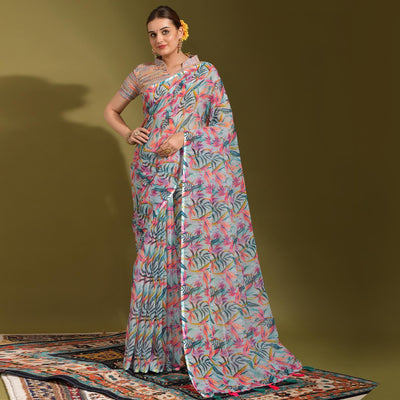Multicolor Floral Digital Printed Linen Saree With Tassels