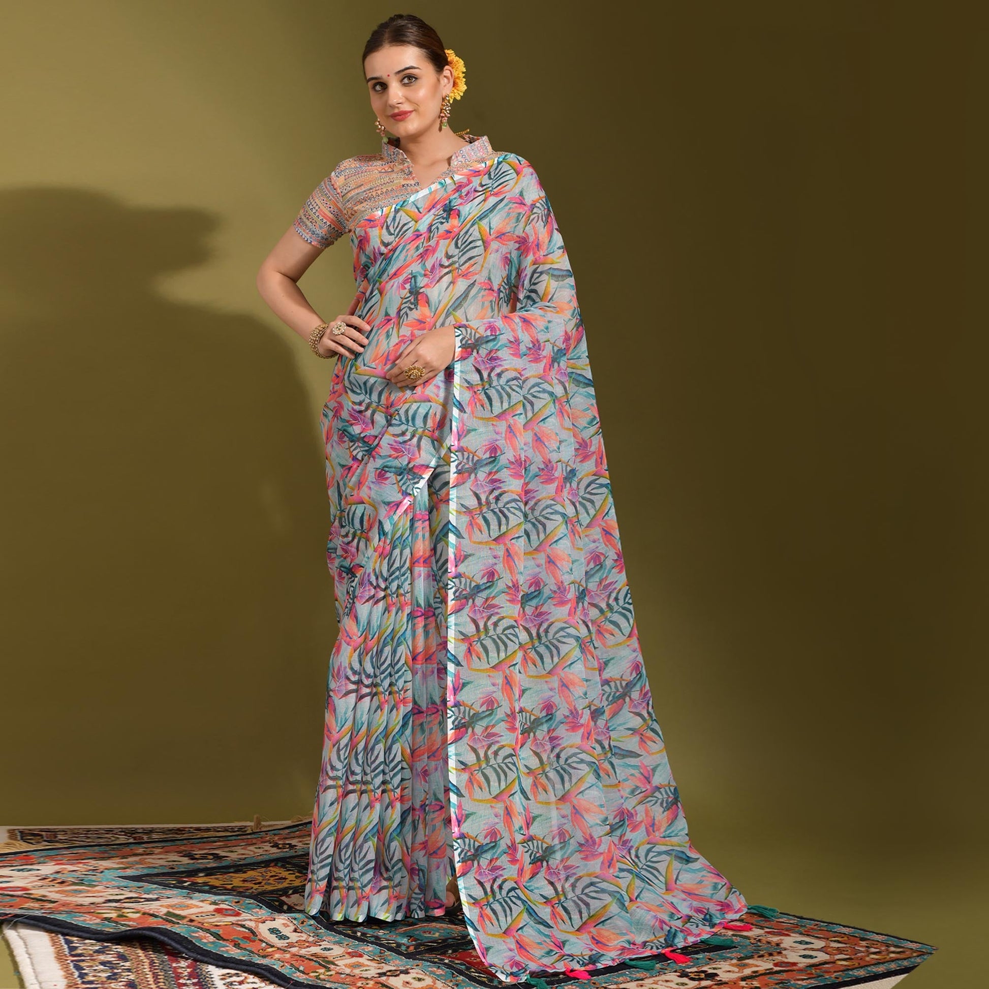 Multicolor Floral Digital Printed Linen Saree With Tassels