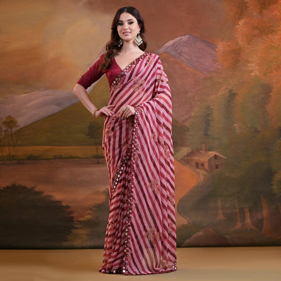 Maroon Leheriya With Floral Foil Printed Georgette Saree
