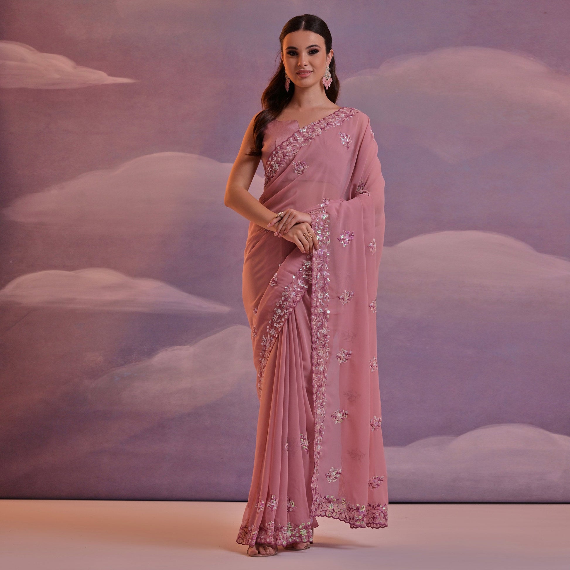 Mauve Floral Sequins Embroidered Saree