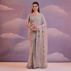 Grey Sequins Embroidered Georgette Saree With Lace Border