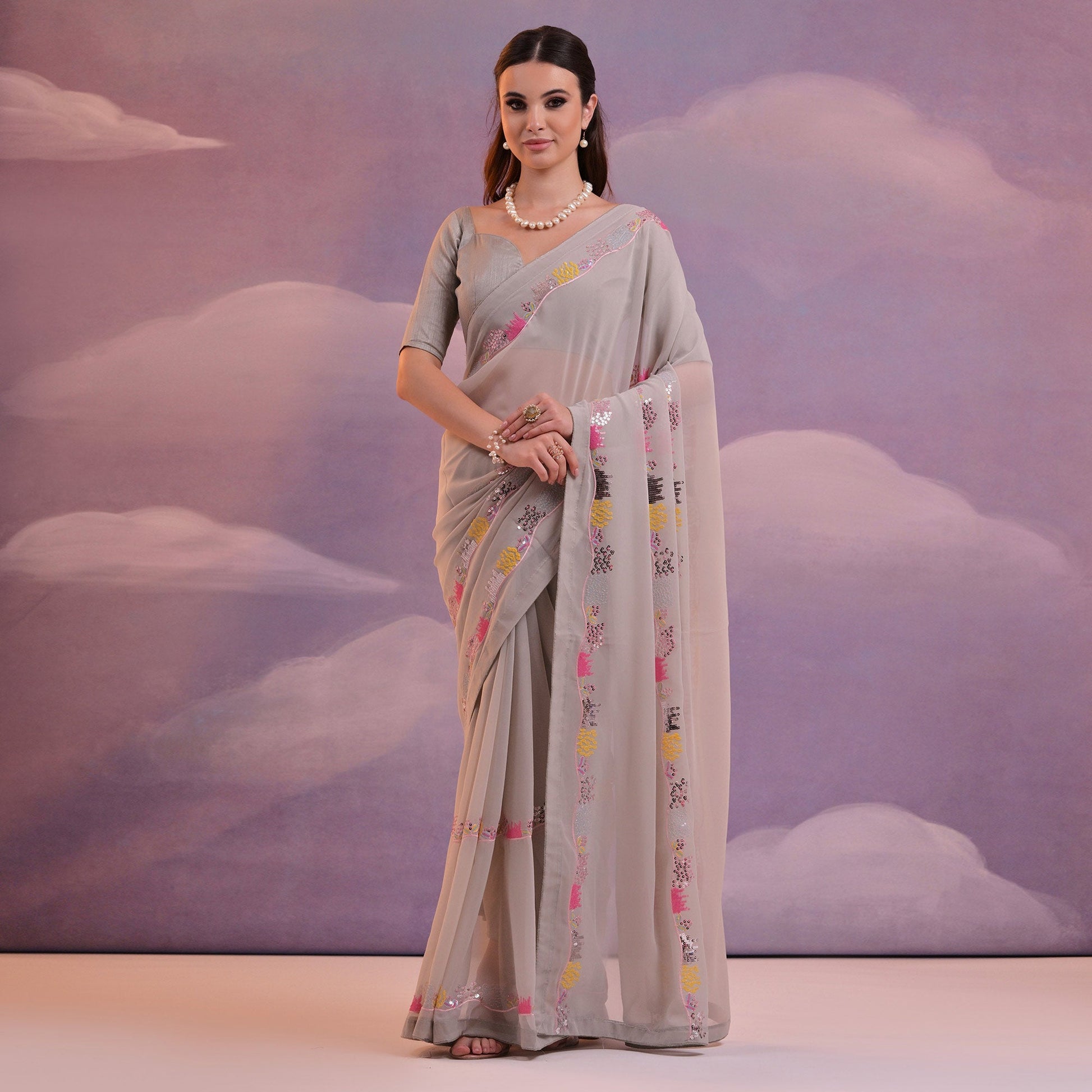 Grey Sequins Embroidered Georgette Saree With Lace Border