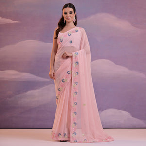 Light Pink Floral Sequins Embroidered Georgette Saree
