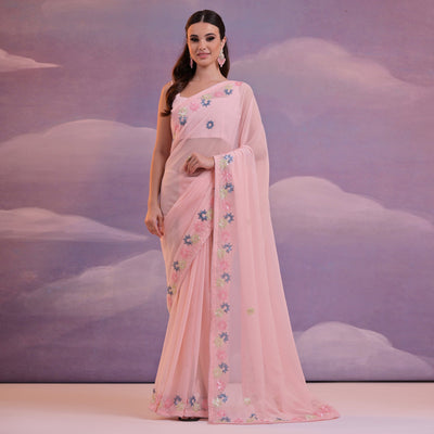 Light Pink Floral Sequins Embroidered Georgette Saree